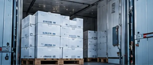 Caixas paletizadas no interior de baú refrigerado pronto para o transporte