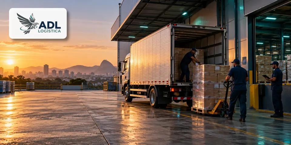 Equipe da ADL Logística carregando caminhão baú em doca de centro de distribuição ao entardecer
