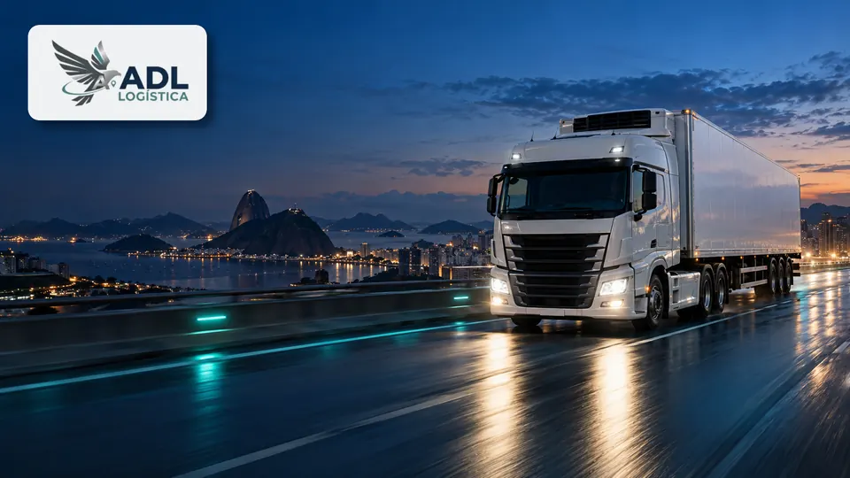 Caminhão refrigerado da ADL Logística em rodovia ao anoitecer com o Rio de Janeiro ao fundo