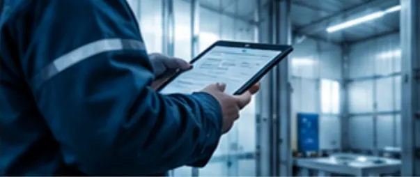 Operador consultando informações da carga em tablet dentro de câmara climatizada